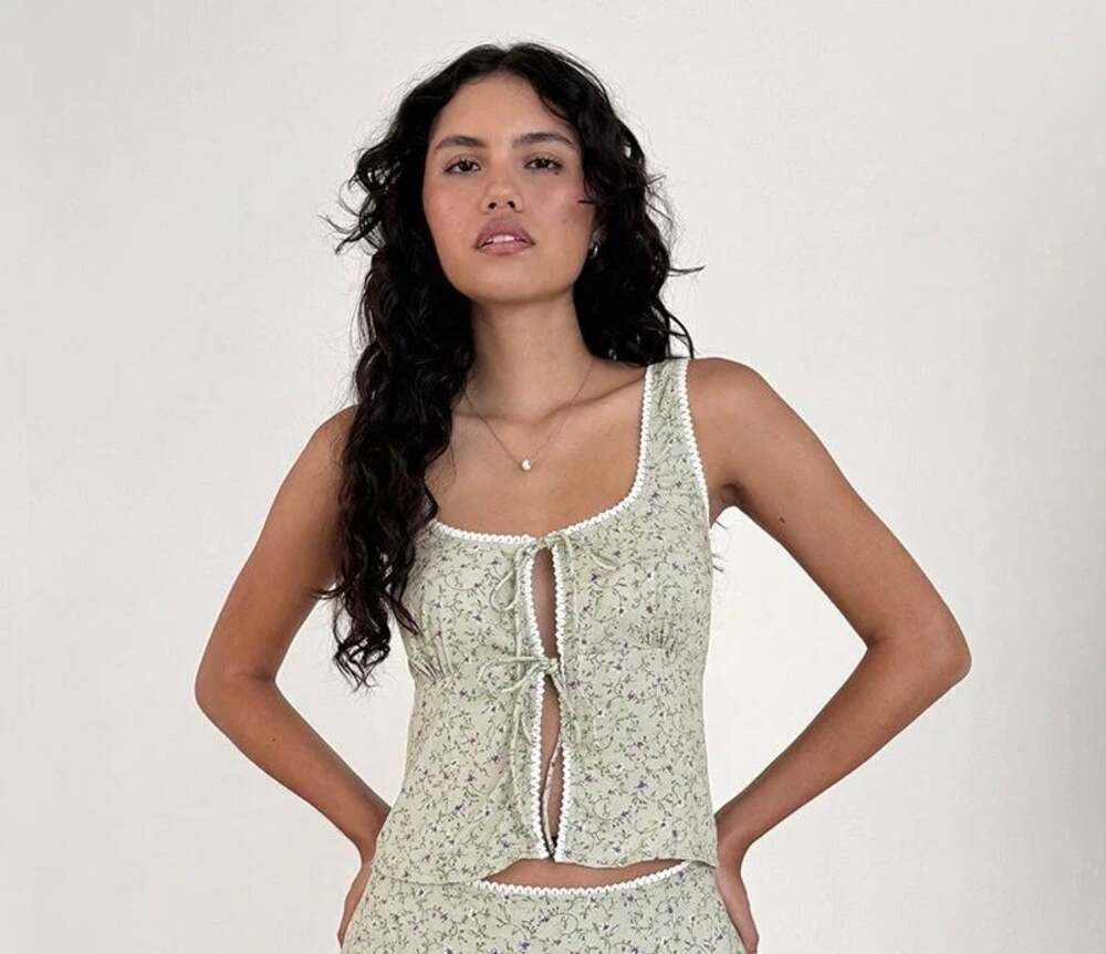 Motel Green Floral Print Lace Trim Tie Front Crop Top